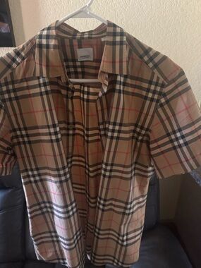 Burberry Tan Black Plaid Short Sleeve Button-Down Shirt